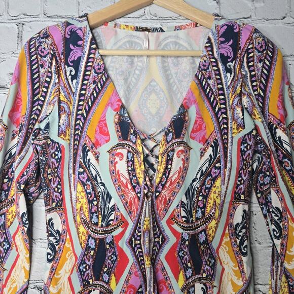 Free People Pick A Place Bodysuit Lace Up V-Neck Detail Long Sleeve Size Large - Picture 2 of 12